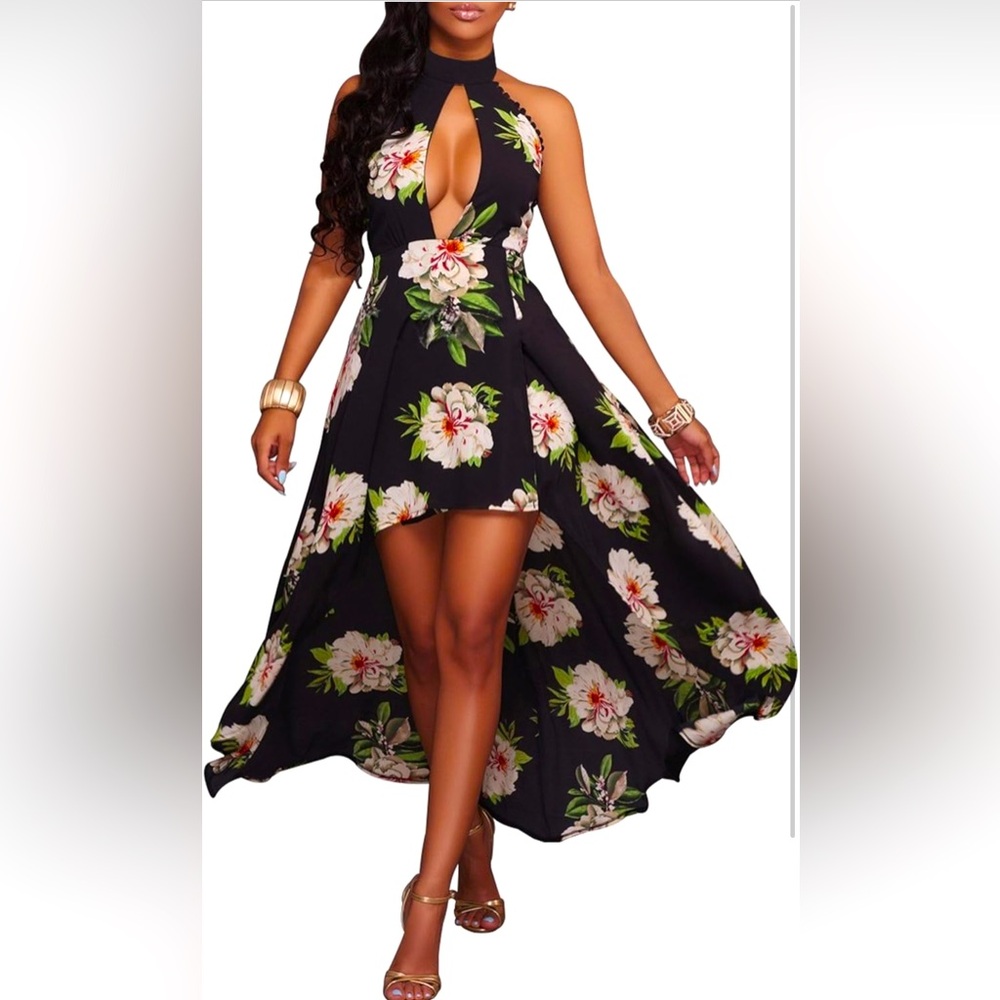 Zesica Halter Hi-Lo Floral Open Back Beach Vacation Tropical Maxi Dress Resort